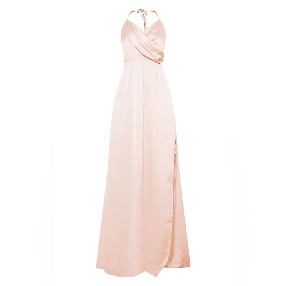 NWT Lucie Champagne Silky Plunge Extreme Split Maxi Dress - Size 8